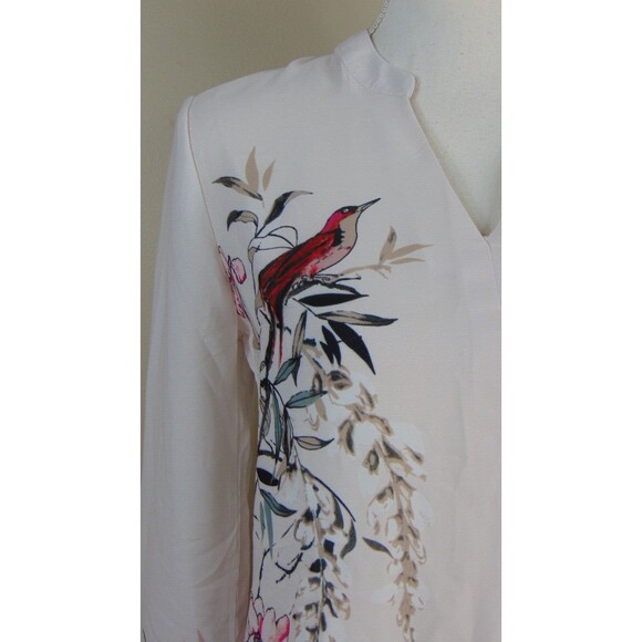 Chinese Asian Blouse Top Womens Small V-Neck Red Bird Detail Pleated White S - Picture 3 of 10